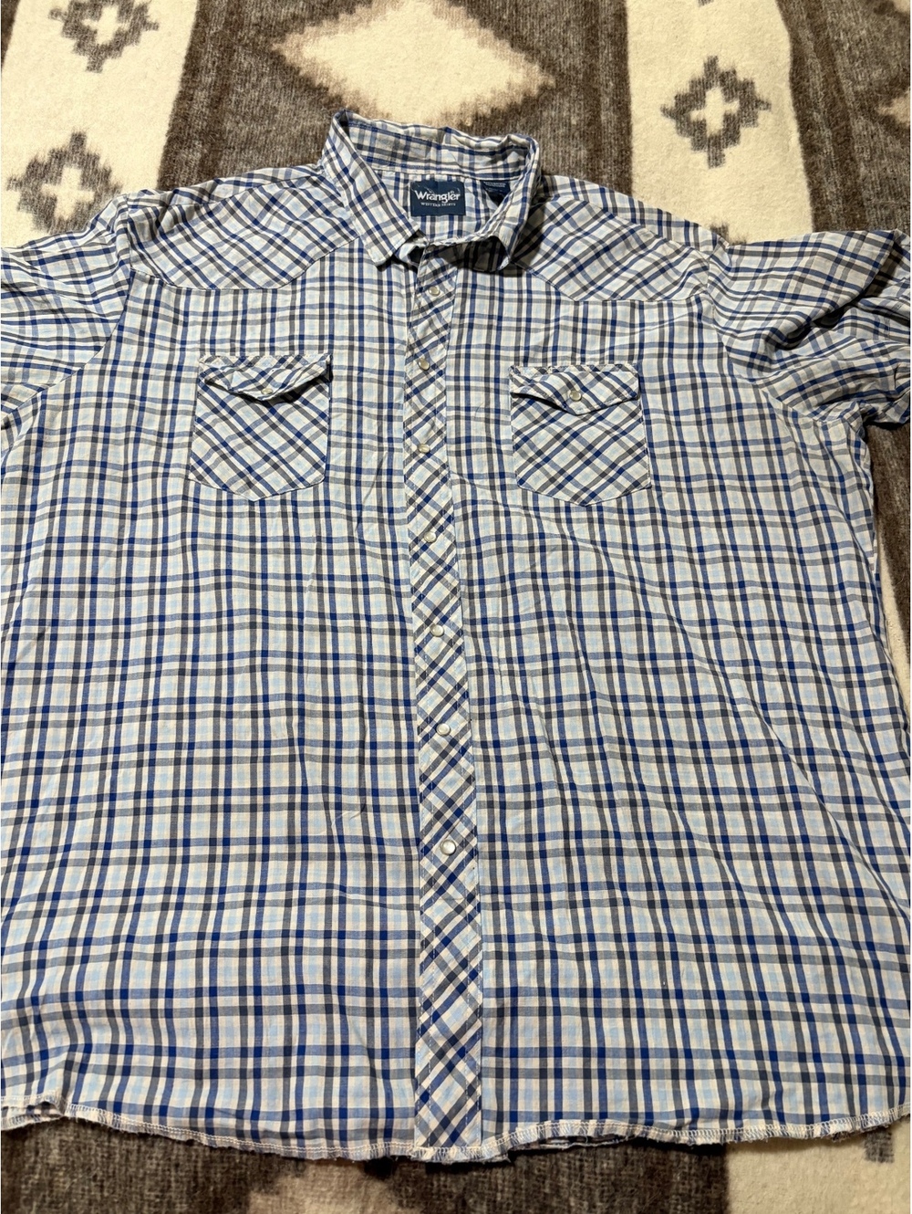 Wrangler 3XT Western Shirt Blue and White Plaid Pearl Snap Button-Up